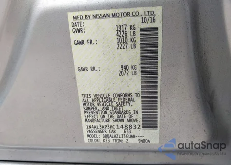 2017 Nissan Altima 2.5 Sr z USA, uszkodzony, nr VIN 1N4AL3AP3HC148832